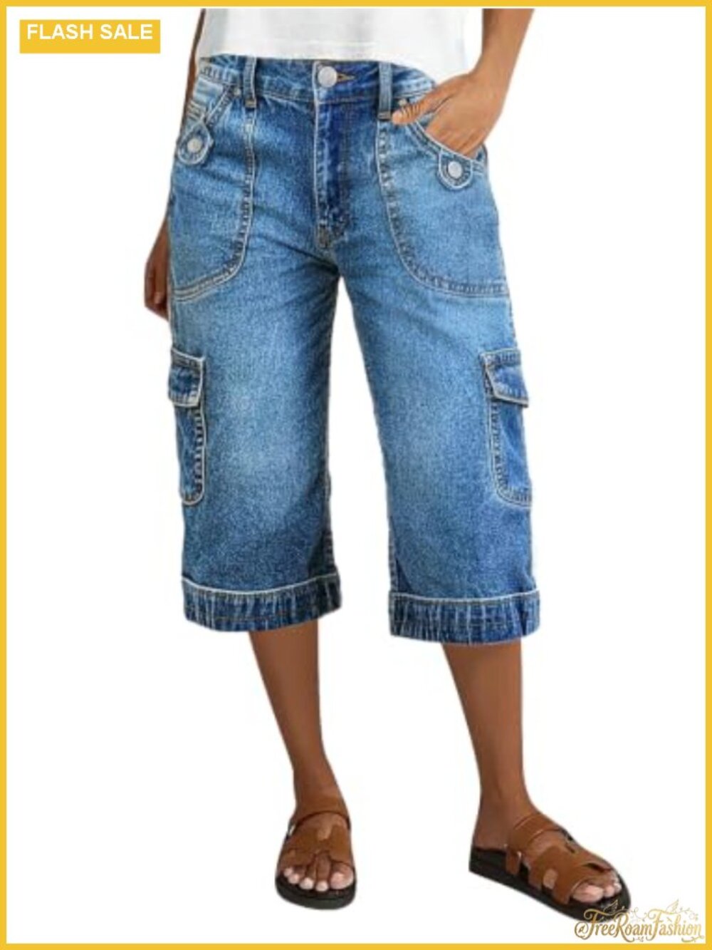 Mid Rise Straight Leg Capri Pants Cotton Blend Side Pockets Casual Women